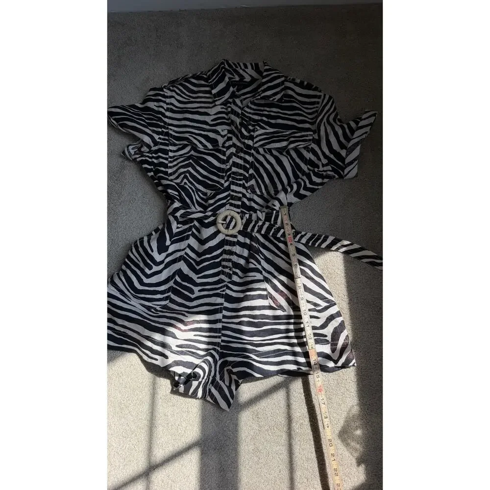 Banana Republic Zebra Print Linen Romper Size M Belted Safari Shirt Dress $160